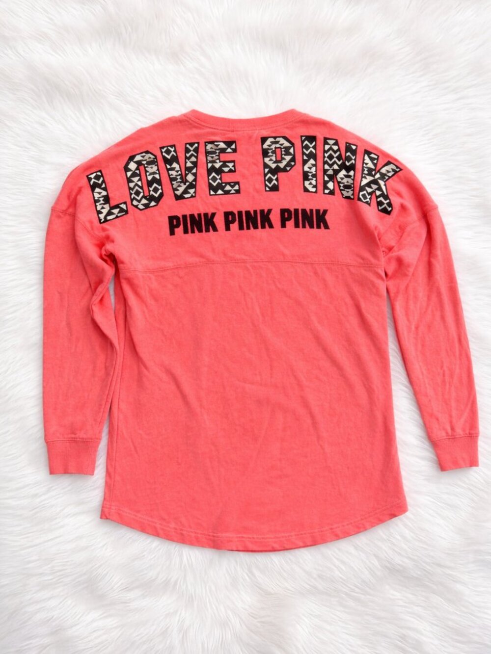 Victoria’s Secret PINK Sweatshirt M Coral Aztec Logo Crewneck Long Sleeve